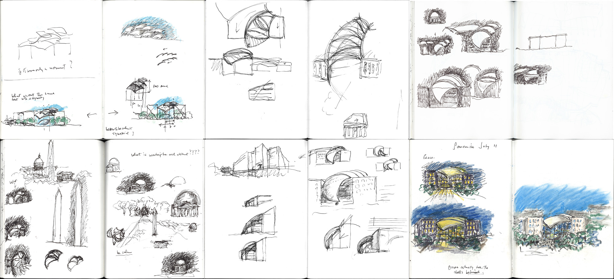 spreads from sketchbook for United States Institute of Peace Headquarters